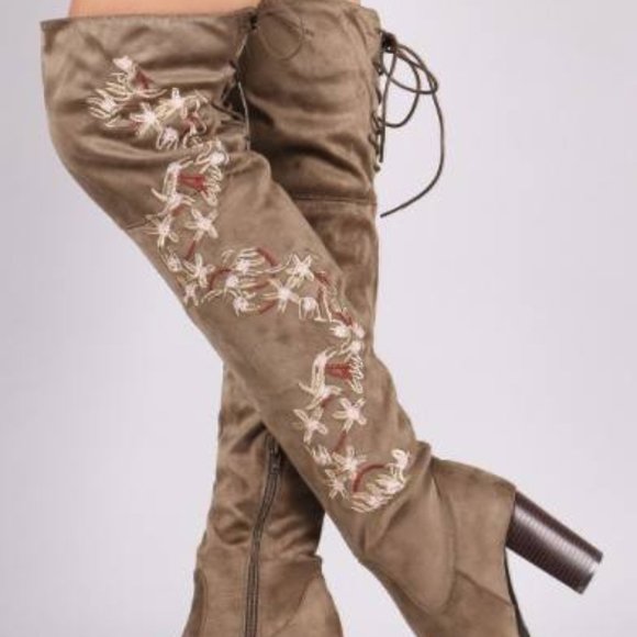 Qupid Shoes - Embroidered Over the Knee Stretch Suede Boots